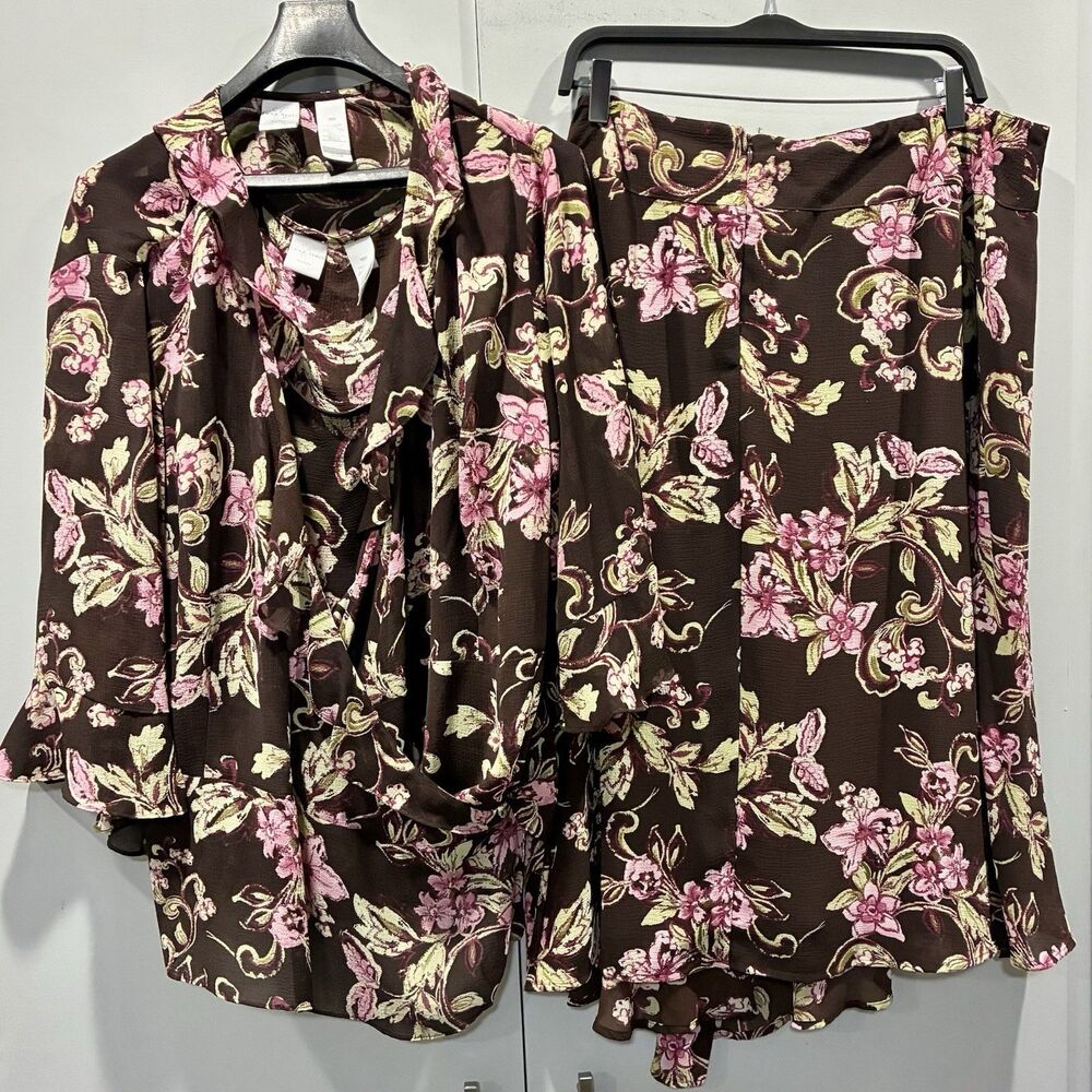 Emma James Floral Chiffon Blouse Skirt 3piece Set Brown Pink Church Suit 20W 18W